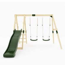 GALACTICA Outdoor Wooden Swing and Slide Set, Garden Swing with 2 Kids Seats