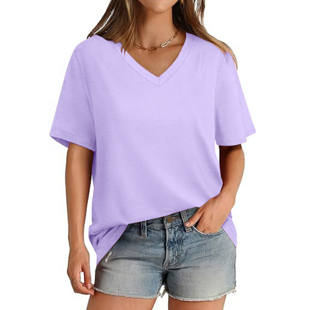 Purple Women's V-Neck Short-Sleeved Solid Color Loose Basic- S