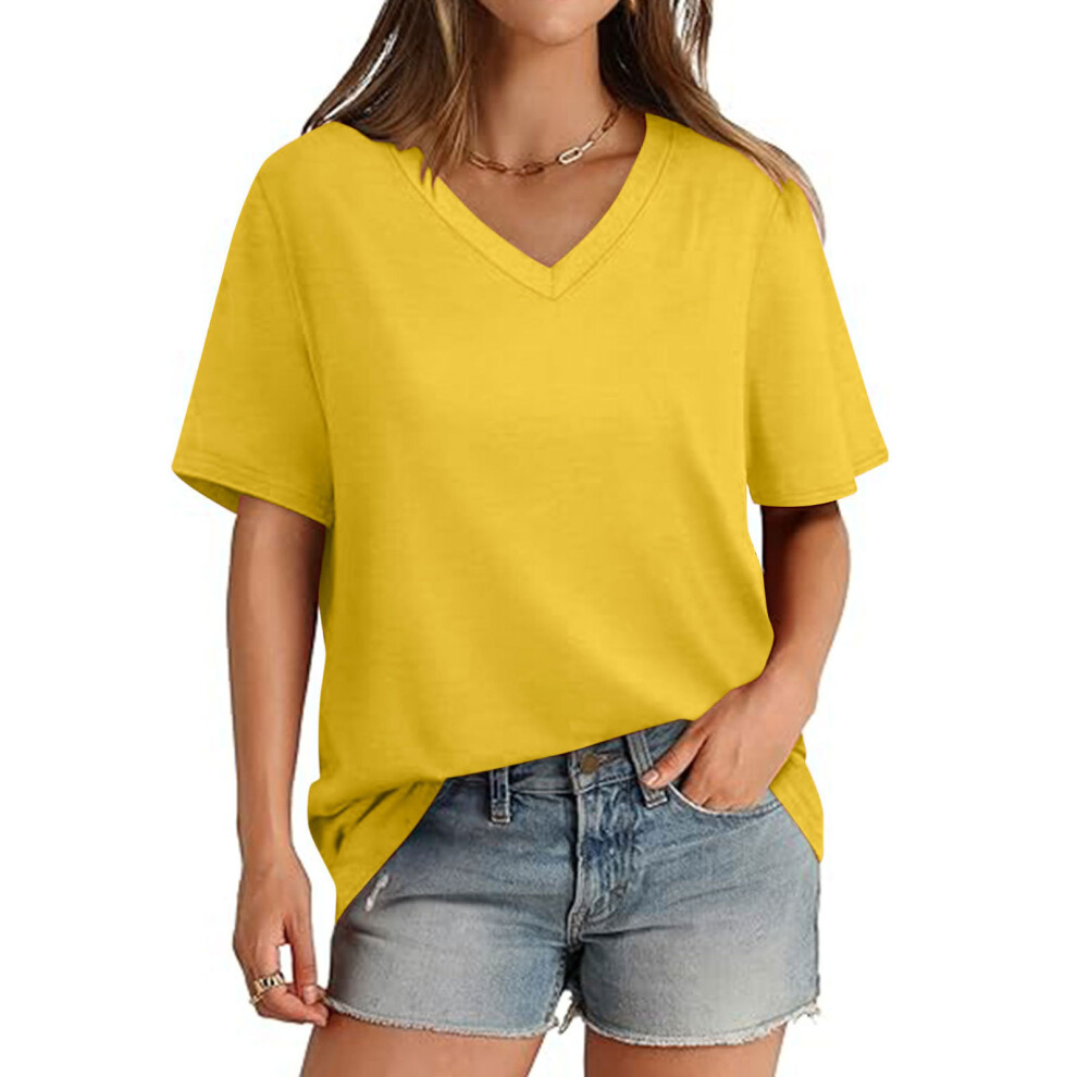 Yellow Women's V-Neck Short-Sleeved Solid Color Loose Basic- Xl