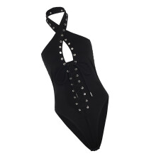 Women's Halter Crisscross Sleeveless Bodysuit Punk Eyelet-S
