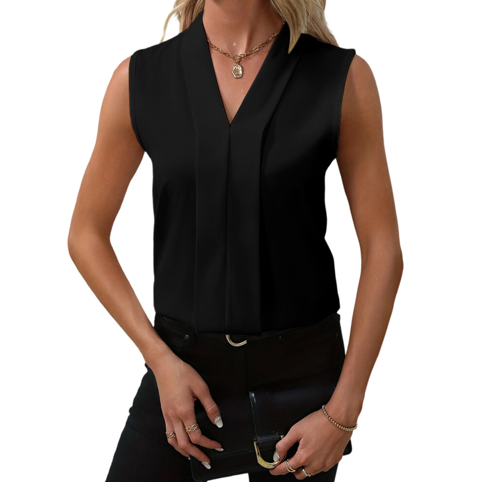 Black Women's Elegant V Neck Pleated Sleeveless Blouse Work- L