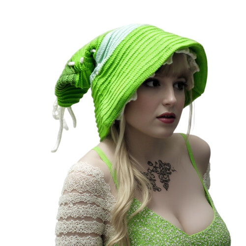 Knitted Witch Hat Stretchable Hoodie Hat Long Tail Hat-Green