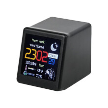 (Black) Smart WiFi Weather Station Cute Mini Desktop Clock Auto-Sync Time Temperature Humidity Animated Display Alarm Clock