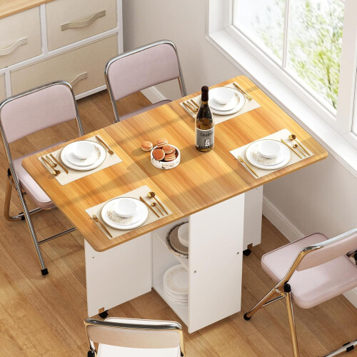 Folding Table with Wheels Mobile Folding Dining Table Wood Foldable Side Table with Shelf for Kitchen Living Room 2
