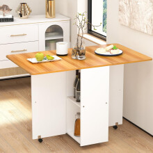 Folding Table with Wheels Mobile Folding Dining Table Wood Foldable Side Table with Shelf for Kitchen Living Room