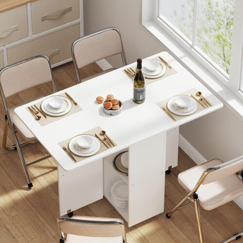 Folding Table with Wheels Mobile Wood Extendable Dining Table with Shelf for Kitchen Living Room 2