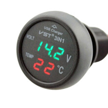 Autovoltmeter tester 3-in-1 digitale voltmeter en thermometer met LED-display, 12/24V 2.1A, sigarettenaansteker en USB-autolader._M
