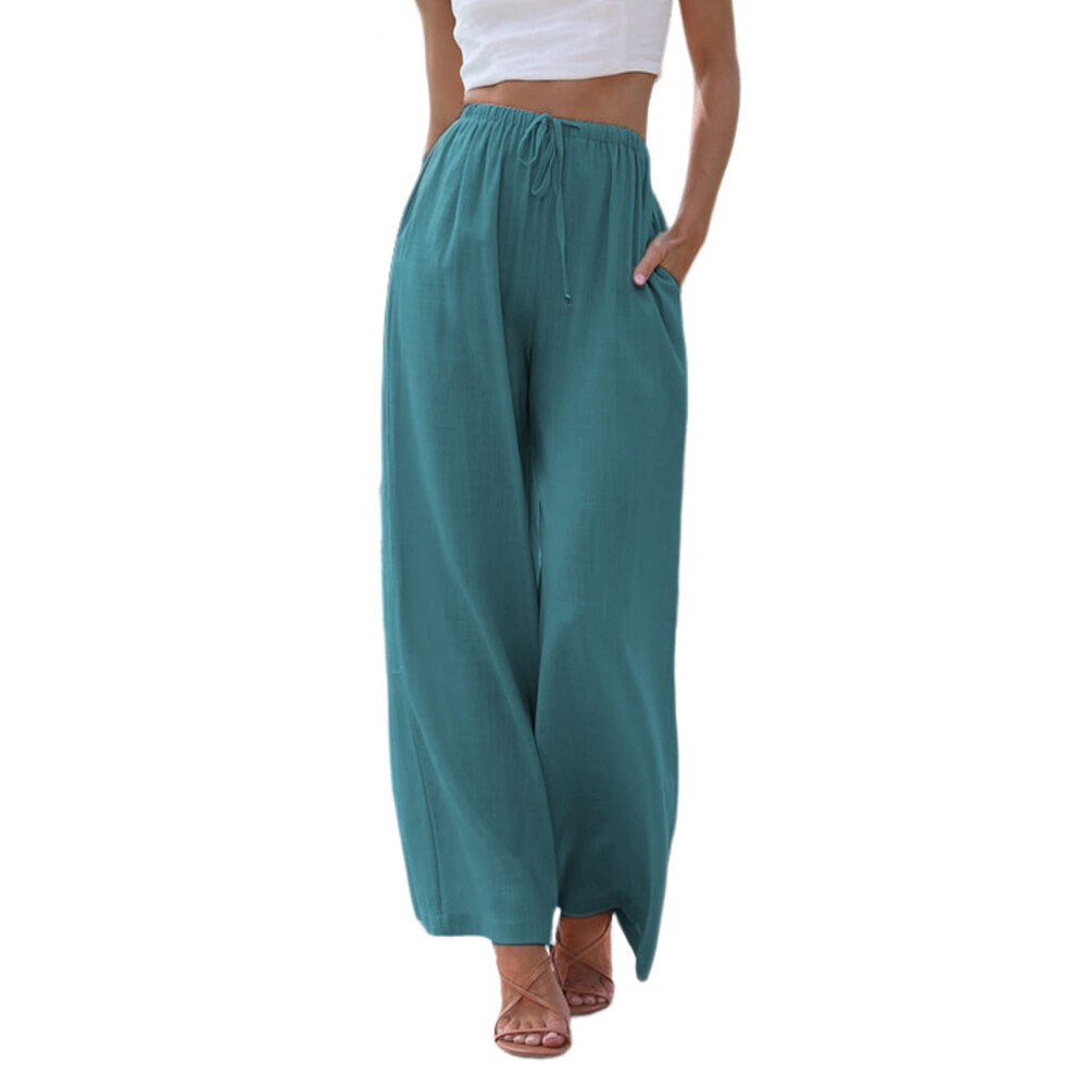Solid color women's cotton and linen  wide-leg-pacock blue L