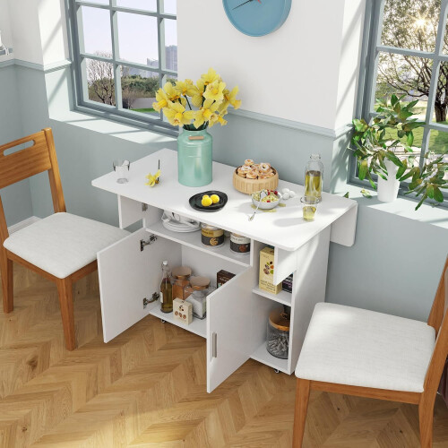 Mobile Folding Dining Table with Wheels Foldable Side Table with Door Cabinet Open Shelf for Kitchen 2