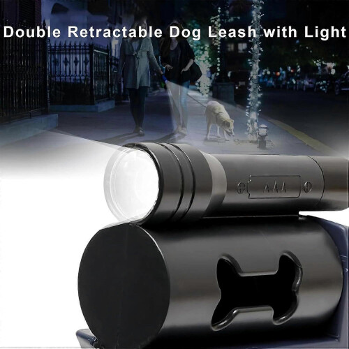 (Black) Illuminated Double Retractable Leash for Two Dogs, 360 Anti-Tangle Swivel Strap 2