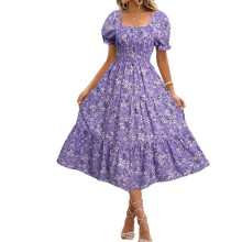 Women's Bohemian  Square Neck Puff Sleeve Short-Purple XL