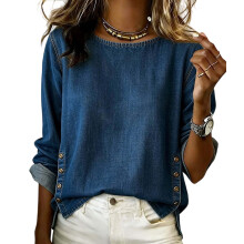 Women's Long Sleeve Denims Shirt Casual Crew Neck-dark blue XXL