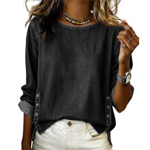 Women Crew Neck Long Sleeve Denims Shirt Casual Loose-Black S