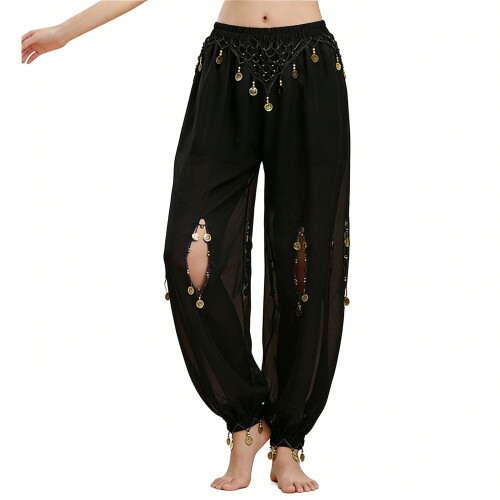 Belly Dance Lantern Pants with Coins Split Harems Pants-Black