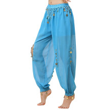 Belly Dance Costume Coin Lantern Pants Side Split-Lake Blue