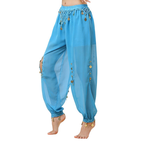 Belly Dance Costume Coin Lantern Pants Side Split-Lake Blue