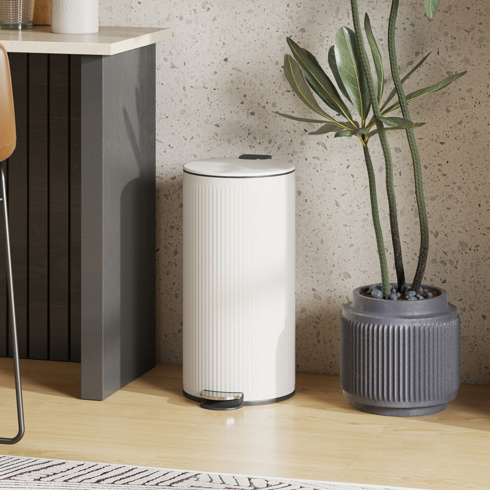 Homcom Kitchen Bin, 30 Litre Pedal Rubbish Bin With Removable Bucket, Cream