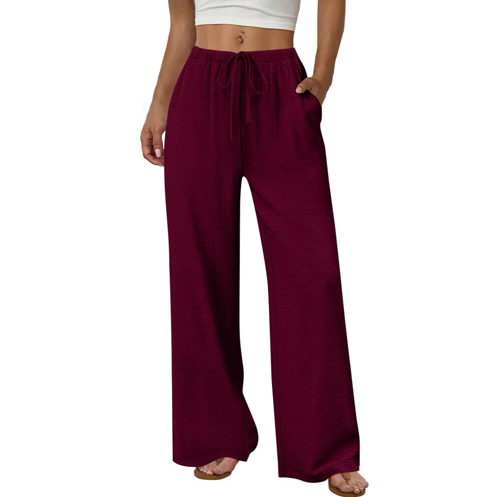 Burgundy Women's Wide Leg Pants Flowy Drawstring Elastic- Xl