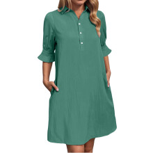 Women's casual shirt dress with ruffled , shirt-Turquoise XL