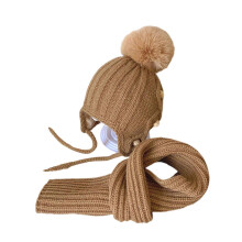 (Coffee) 2 Pcs Kids Winter Hat Scarf Set Soft Cable Knitted Pom-Pom Hat Warm Scarf Set for Boys Girls Toddlers