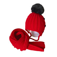 (Red) 2 Pcs Kids Winter Hat Scarf Set Soft Cable Knitted Pom-Pom Hat Warm Scarf Set for Boys Girls Toddlers