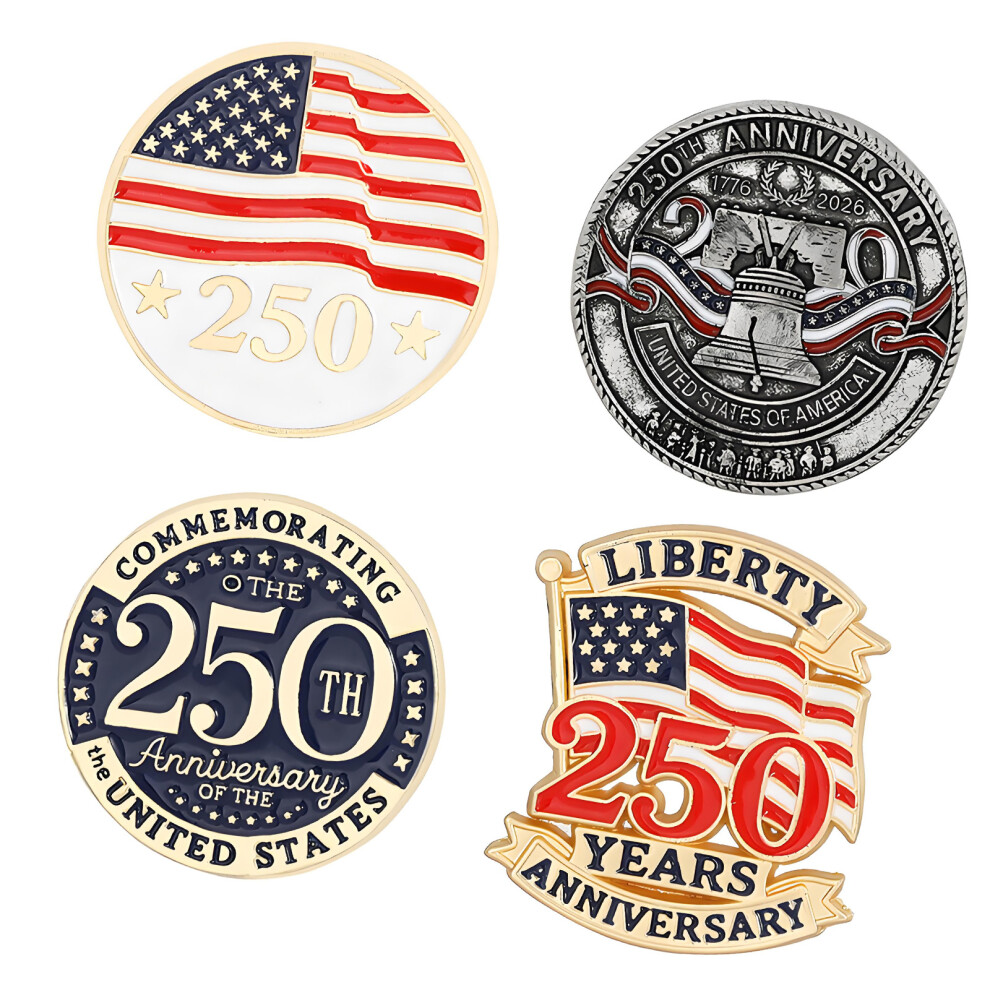 Collection Of 4 Unique Patriotic Brooches Featuring Sturdy Alloy