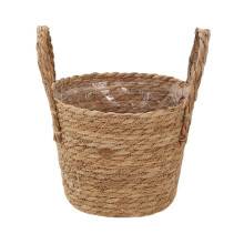 (Small) Wicker Planter Basket with Handles Indoor Outdoor Plants Rattan Woven Planter Pot Home Living Room Balcony Garden Round Decorative Flower Pot