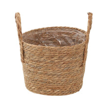 (Middle) Wicker Planter Basket with Handles Indoor Outdoor Plants Rattan Woven Planter Pot Home Living Room Balcony Garden Round Decorative Flower Pot