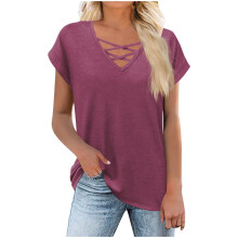 Womens Short Sleeve V Neck Shirts Loose Casual-Burgundy S