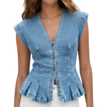 Sleeveless Ruffled Hem Jeans Top Women's Slim Fit-light blue S
