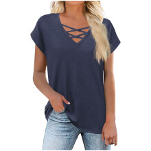 Womens Short Sleeve V Neck Shirts Loose Casual-Navy Blue XL
