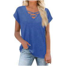 Womens Short Sleeve V Neck Shirts Loose Casual-Blue XXL
