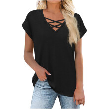 Womens Short Sleeve V Neck Shirts Loose Casual-Black XL