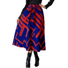 Women Elastic High Waist Long Skirt Tie Front Geometric-Red L
