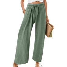 Women's cotton and linen leggings, high-waisted,-Light Green L