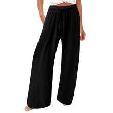 Women's cotton and linen leggings, high-waisted,-Black M