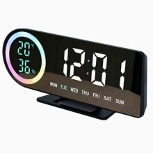 Reloj despertador digital con pantalla LED tipo espejo, monitor inteligente de temperatura y humedad interior, indicador de anillo de c