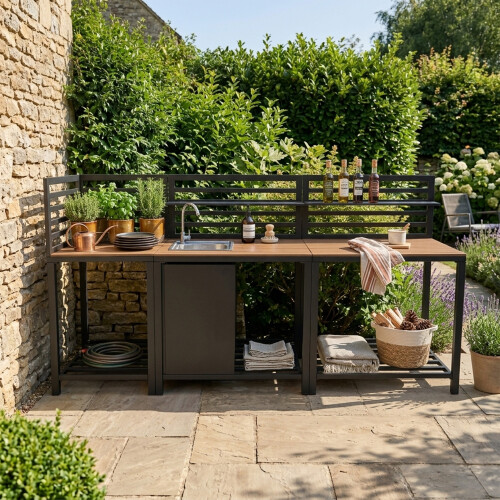 Cucina da Esterno 3 Pezzi con Lavello Modulare Angolare Alluminio Legno 1