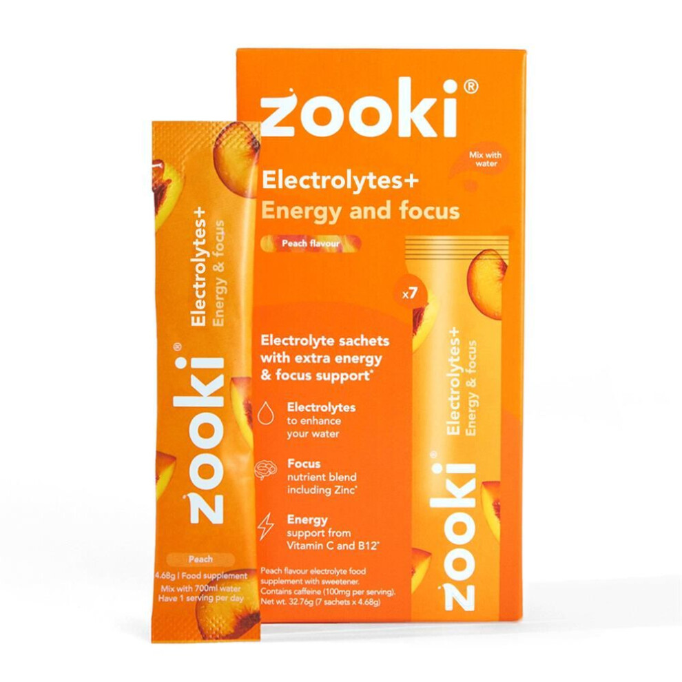 Zooki Peach Electrolytes+ Energy & Focus, Flavour 7 Sachets - Image 2