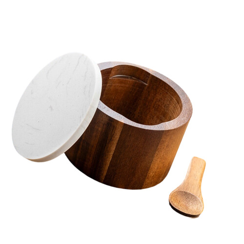 Elegant Wood Salt Container With Marble Lid-White Single cell