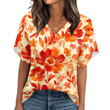 Women's Summer Non-Position Printed Petal Sleeve V-Neck-Red XXL