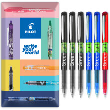 Pilot Greenball Liquid Ink Rollerball Pen 0.7mm Pack of 6 Black, Blue, Red