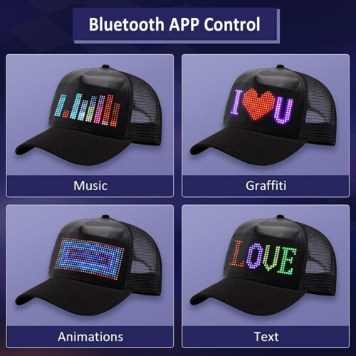 LED Hats,LED Display Screen Baseball Caps with Bluetooth APP Control Customizable Animations Text USB 5V LED Music Note Smart Cap 1