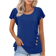 Flowy Ruffle Short Sleeve for Women Neck Shirts Casual-Blue XXL