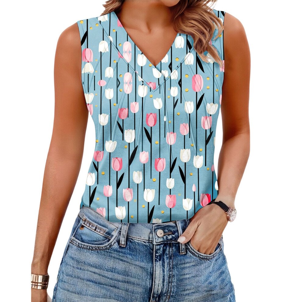Women's Sleeveless Tops, Loose Fit, V-Neck, Summer,-Multi XL