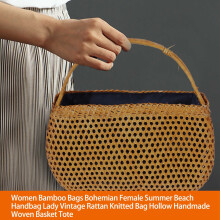 Women Bamboo Bags Bohemian Female Summer Beach Handbag Lady Vintage Rattan Knitted Bag Hollow Handmade Woven Basket Tote