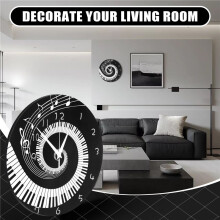 Elegant Piano Key Clock Music Notes Wave Round Modern Wall Clock Without Battery Black + White Acrylic