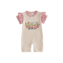 (0-3 Months, Apricot) Infant Baby Girl Romper Summer Ruffle Sleeve Crew Neck Letters and Floral Embroidery Waffle Knit Jumpsuit