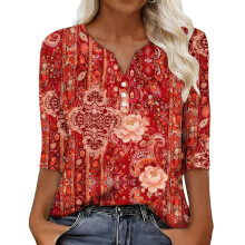 Women's sleeve V-neck T-shirts for Spring comfortable,-Red L