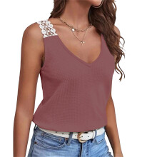Women Sleeveless Vest Casual Lace Patchwork Knit Top-Red XL